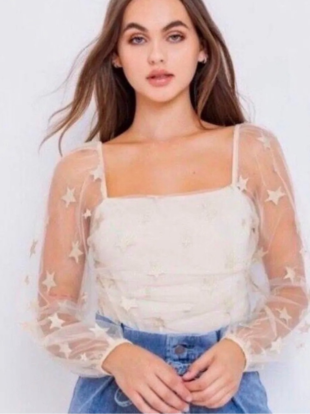 Le Lis White Star Sheer Mesh Bodysuit with Square Neck